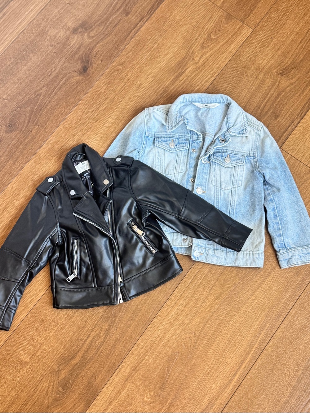 H&M Girls Moto Jacket Faux Leather + Denim Jacket Bundle Black Blue 2T-5T